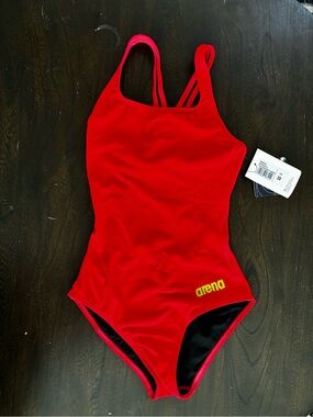 Madison Red One-Piece Swim Suit with Yellow Logo
